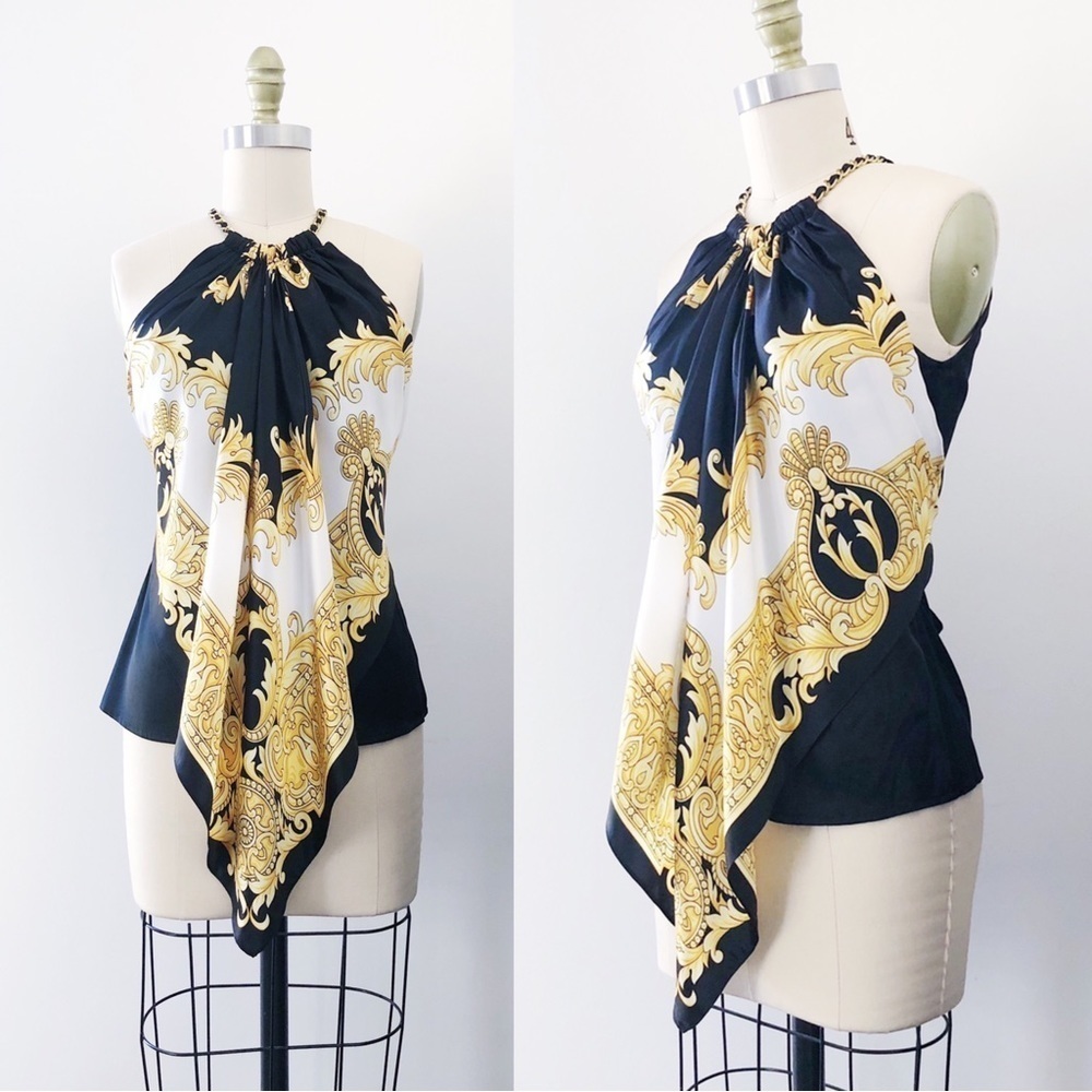 Cache • vintage silk scarf top halter neck chain black white gold versace